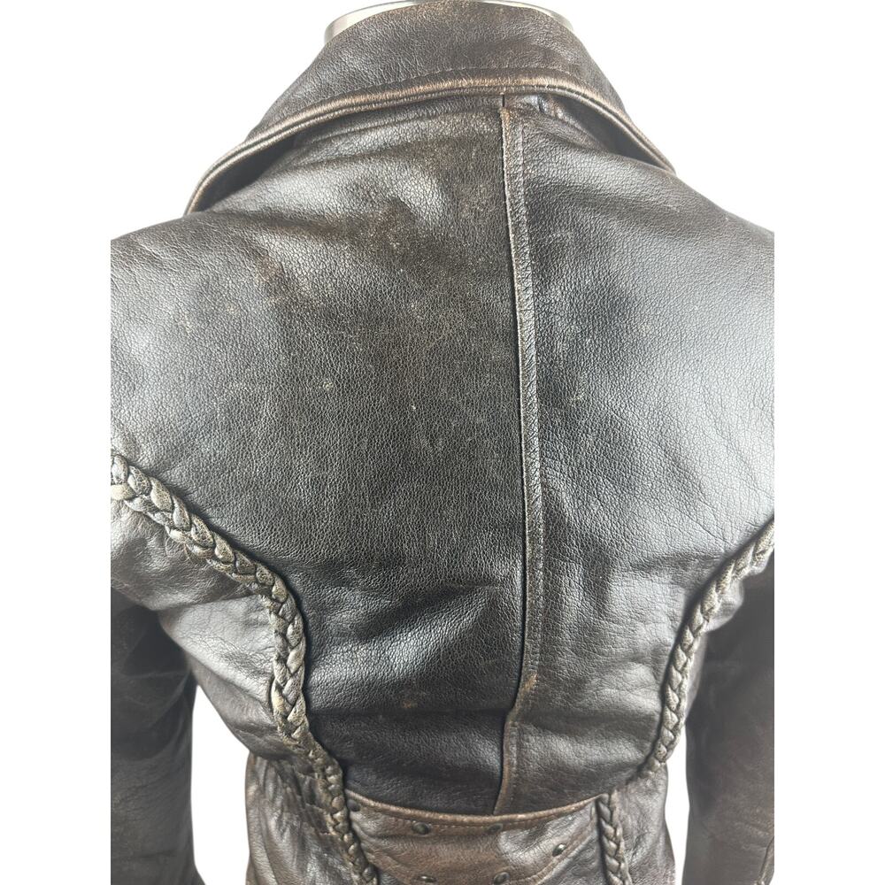 Unik Distressed Brown Leather Braided Moto Motorcycle Jacket Cross Zip Size XS - Picture 11 of 16